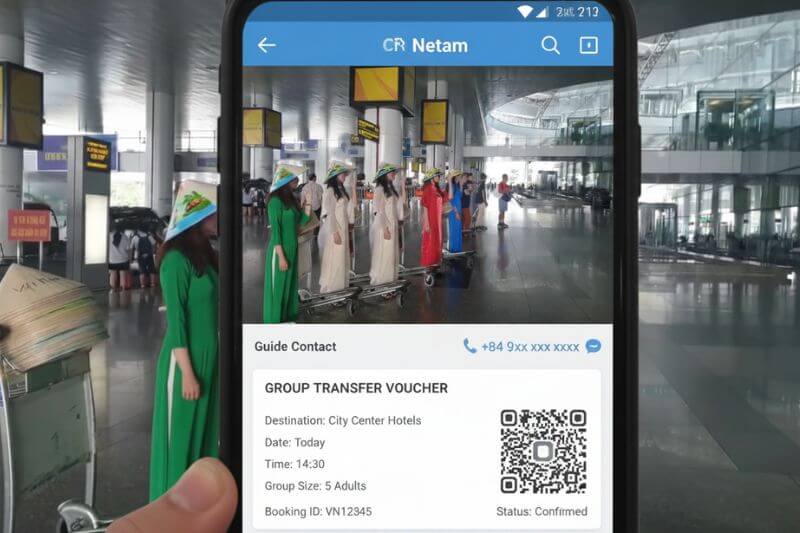 Agent App screen showing airport meeting point photo, guide contact, and digital voucher for group transfer in Vietnam